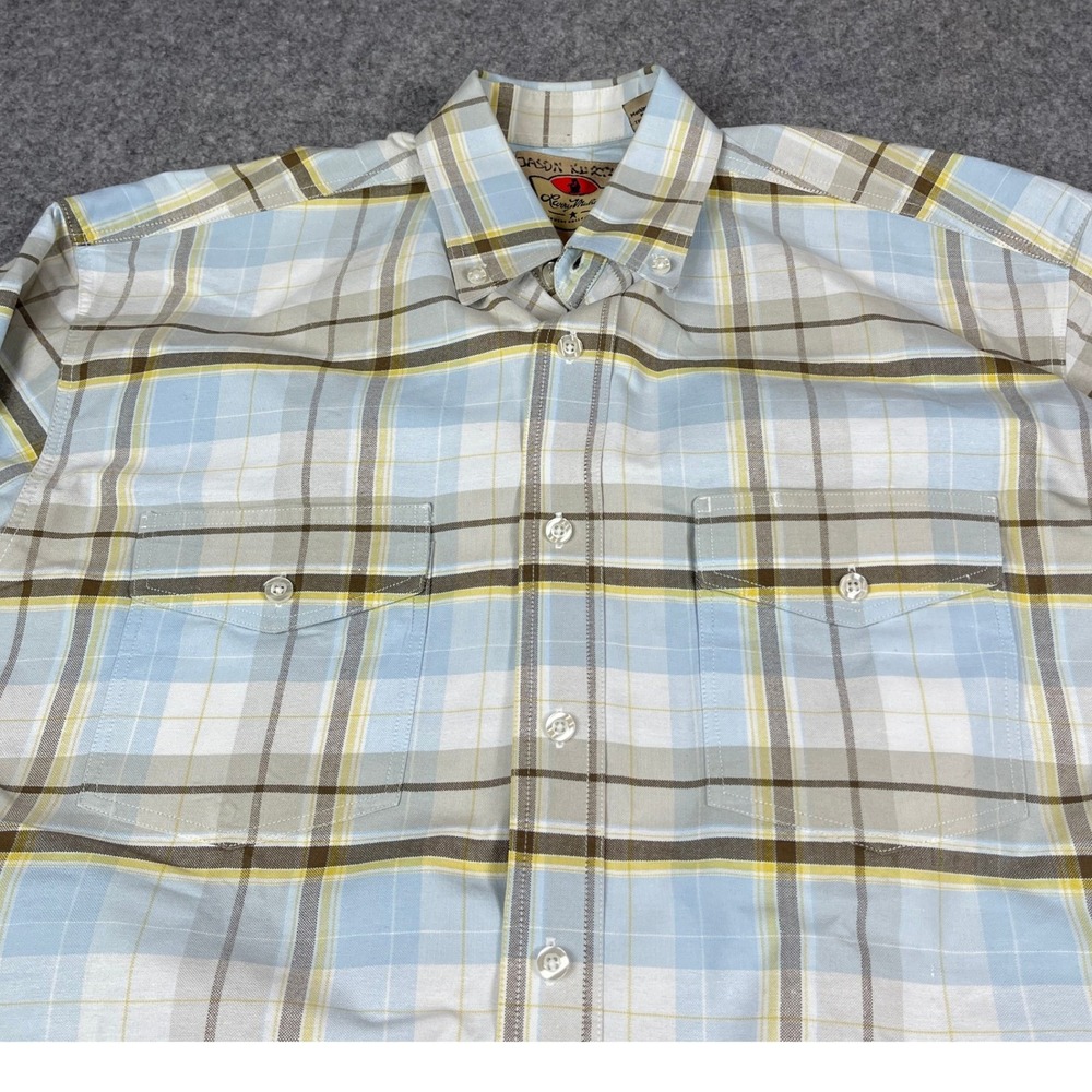 Larry Mahan Mens Button Down Shirt Western Blue Yellow Plaid Medium